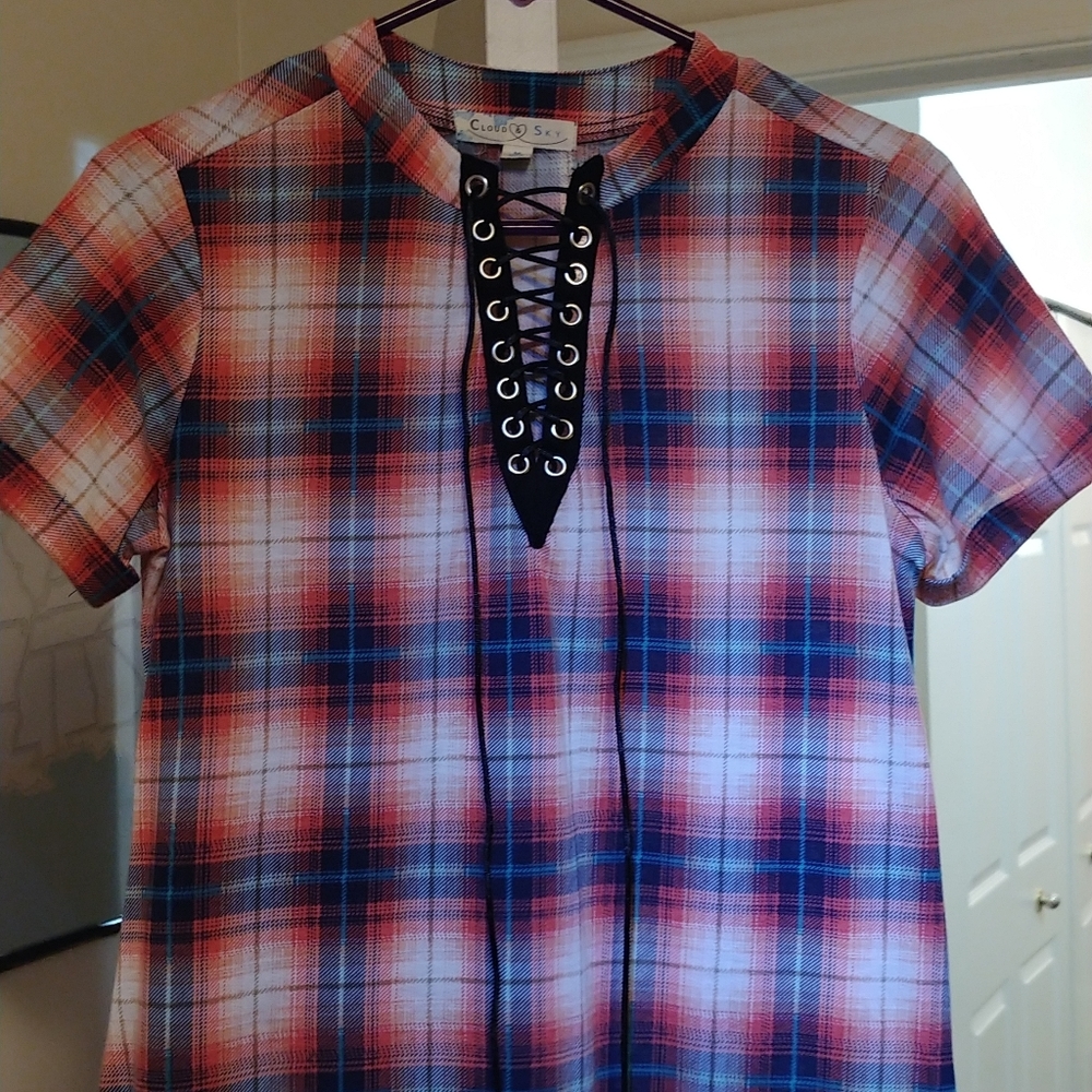 Plaid lace up top